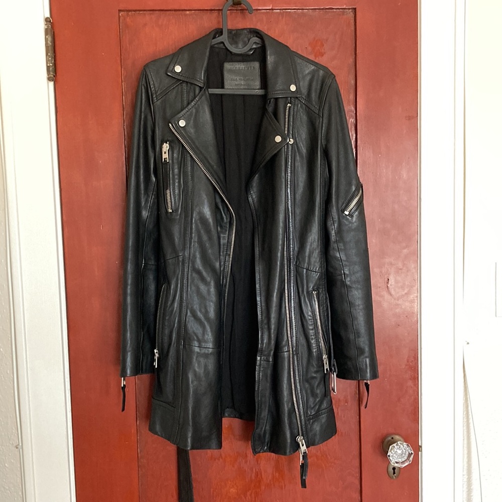 Allsaints black leather longline jacket trench punk biker Sz 8 4 xs s